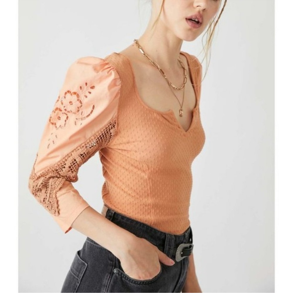 Free People - Brunch Date Puff Sleeve Top Peach Copper Orange Size Large